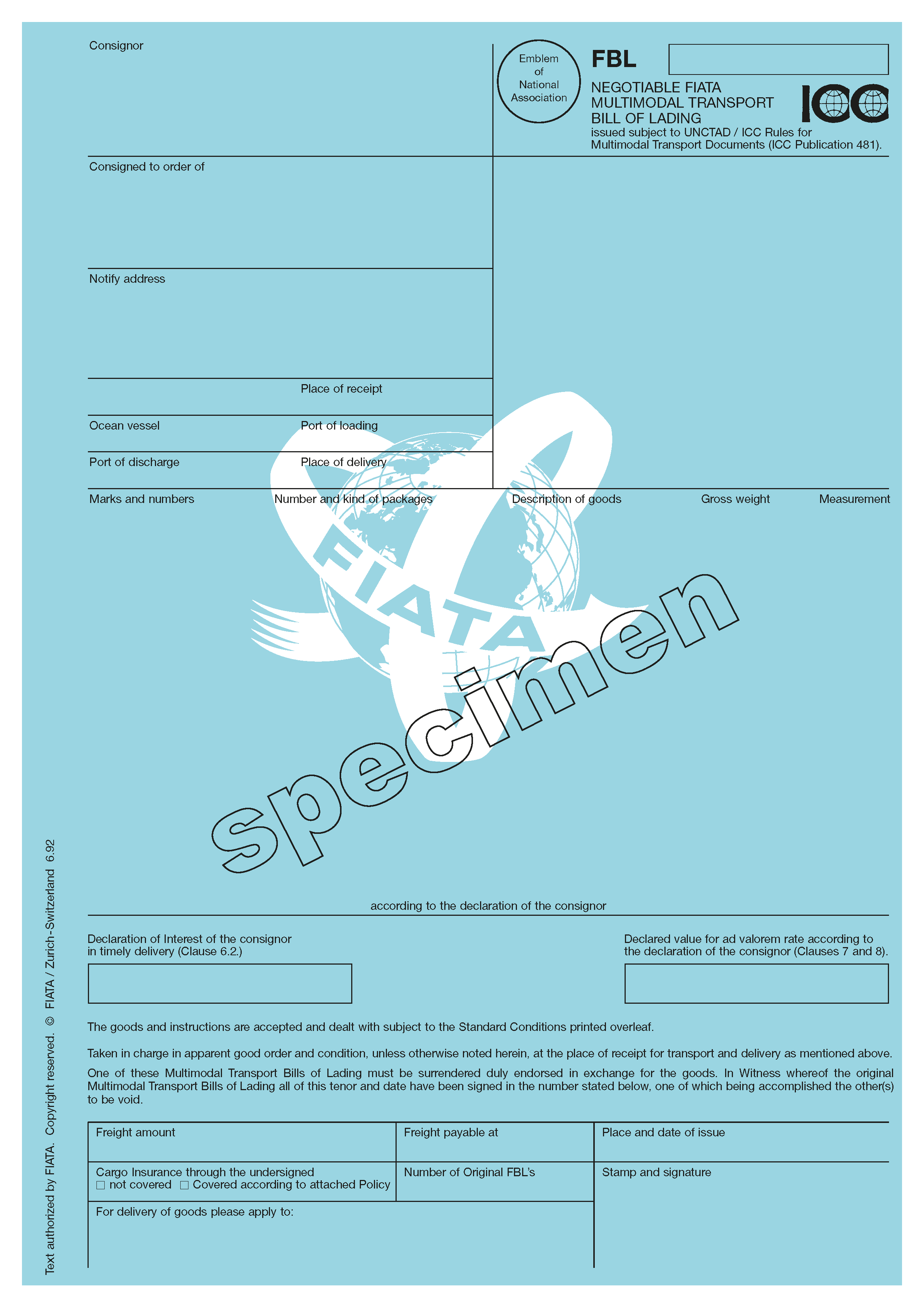 FIATA Bill of Lading - specimen